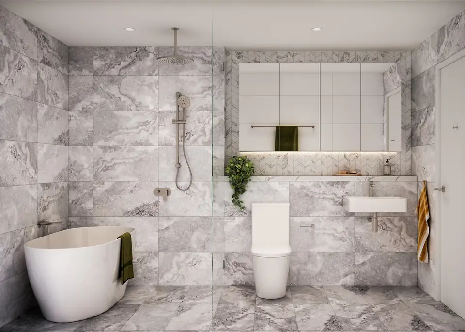 Artist impression of an Origin bathroom with a freestanding bath and frameless shower