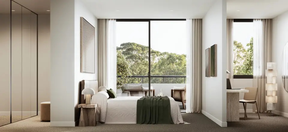 Artist impression of an Origin main bedroom with a balcony and built in wardrobe