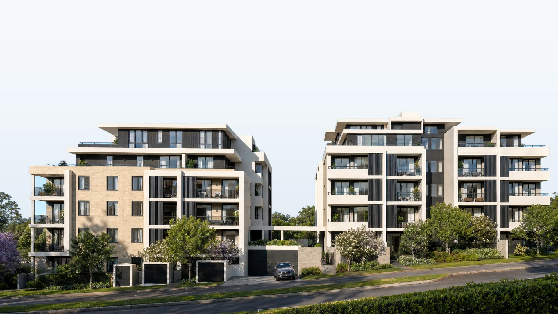 Origin Stage 2, two low-rise apartment buildings on Crandon Road, Epping, under a clear blue sky (artist impression)