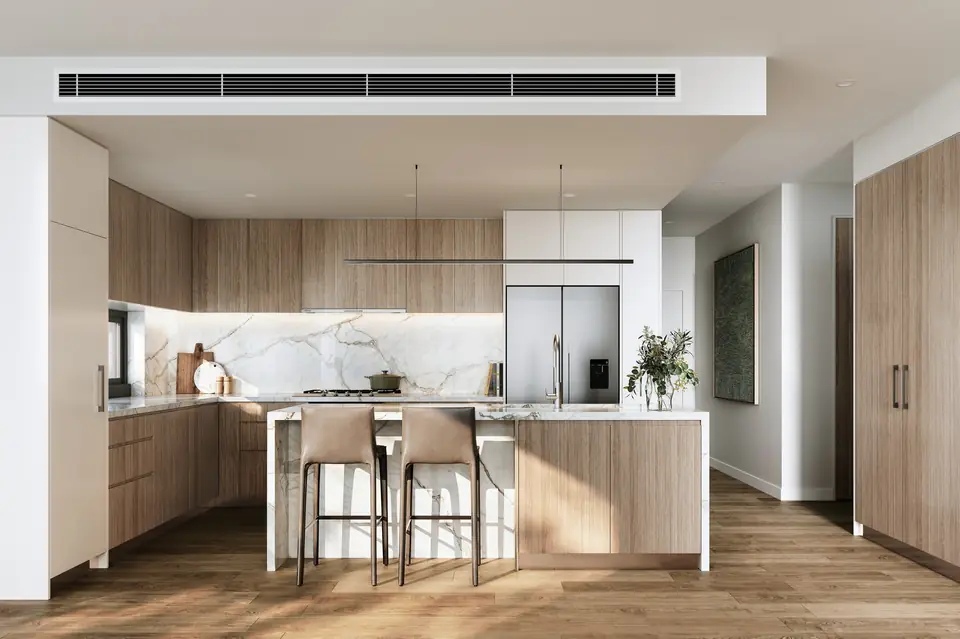 Artist impression of an Origin kitchen with a marble island and timber joinery