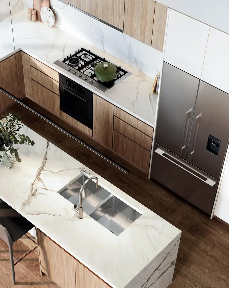 Artist impression looking down on the kitchen benchtop, gas cooktop and sink