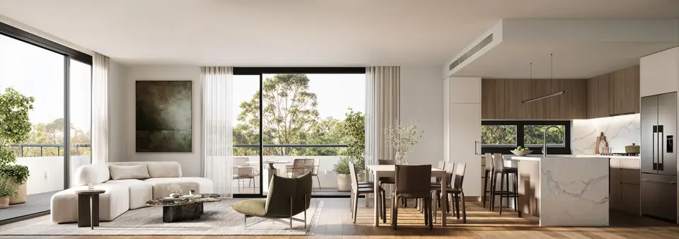 Artist impression of an Origin open plan kitchen, dining and living area