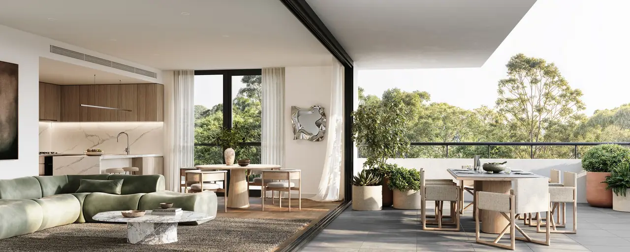 Artist impression of an Origin living room opening onto a wide terrace with a tree canopy outlook