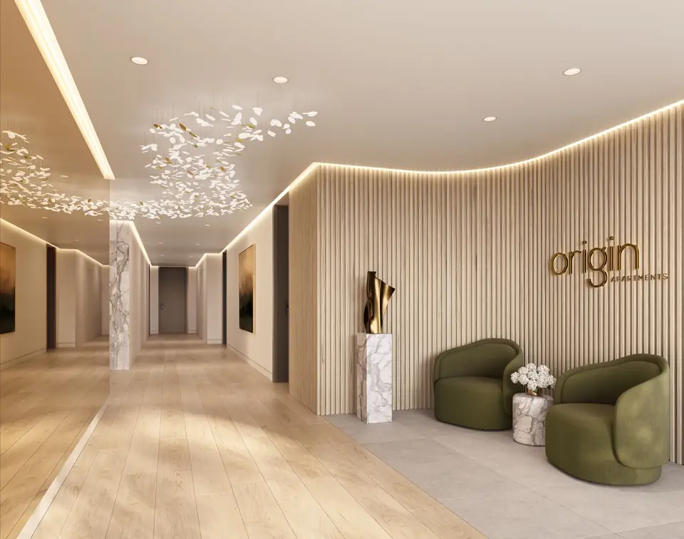 Artist impression of the Building A lobby with timber batten walls, marble and green lounge chairs